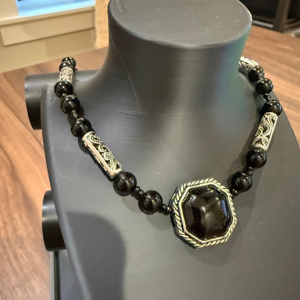 Vintage Black Statement Necklace Silver Tone Beaded Boho Western Chunky